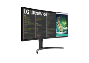 LG 35" Ívelt UltraWide 2K WQHD 100Hz FreeSync HDR VA Paneles Monitor előlnézet  jobbra fordítva, 35WN65C-B