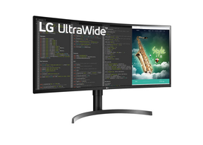 LG 35" Ívelt UltraWide 2K WQHD 100Hz FreeSync HDR VA Paneles Monitor előlnézet enyhén jobbra fordítva, 35WN65C-B