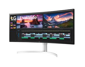 LG 38" Ívelt UltraWide 2K WQHD+ 144Hz 1ms Nano IPS Monitor előlnézet enyhén balra fordítva, 38WN95C-W