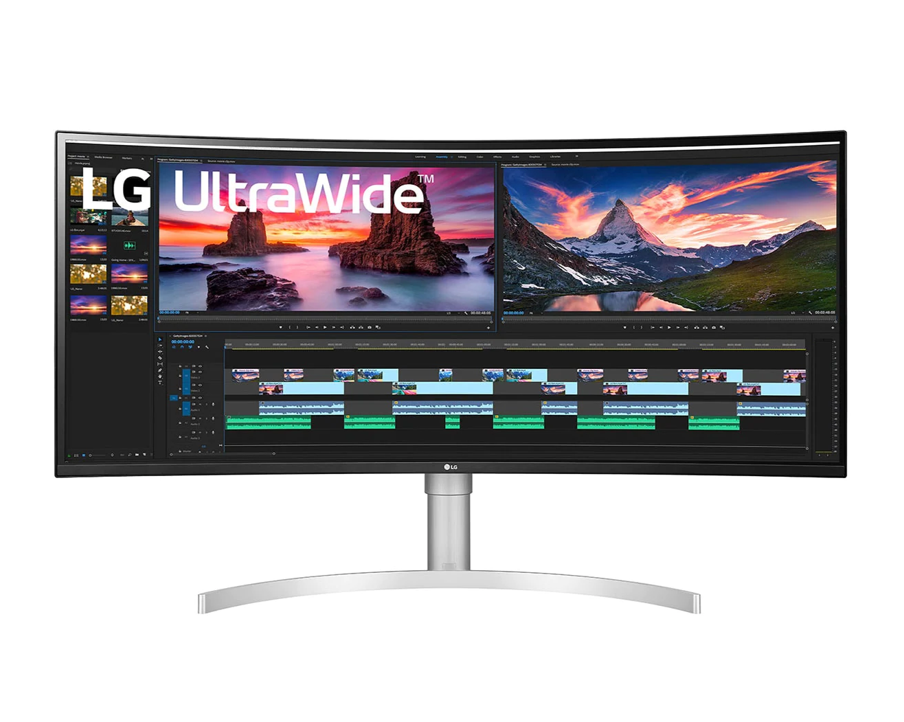 LG 38" Ívelt UltraWide 2K WQHD+ 144Hz 1ms Nano IPS Monitor előlnézet tájkép videó vágás, 38WN95C-W