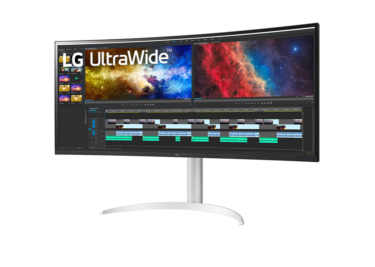 LG 38" Ívelt UltraWide 2K WQHD+ FreeSync HDR IPS Monitor előlnézet enyhén balra fordítva, 38WP85C-W