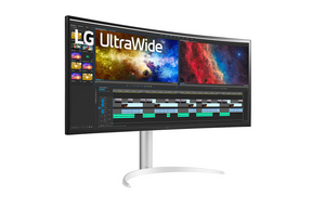LG 38" Ívelt UltraWide 2K WQHD+ FreeSync HDR IPS Monitor előlnézet jobbra fordítva, 38WP85C-W