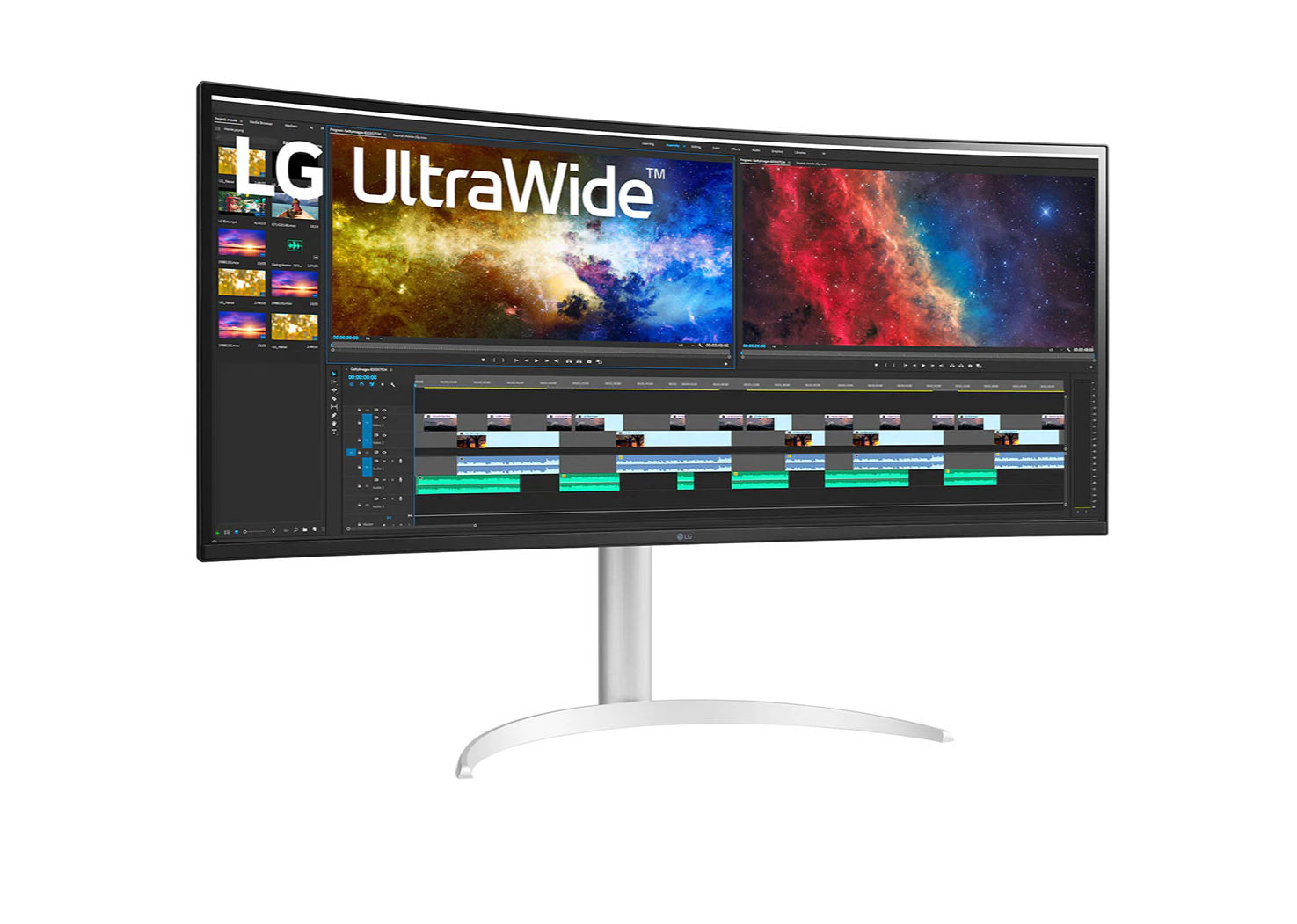 LG 38" Ívelt UltraWide 2K WQHD+ FreeSync HDR IPS Monitor előlnézet enyhén jobbra fordítva, 38WP85C-W
