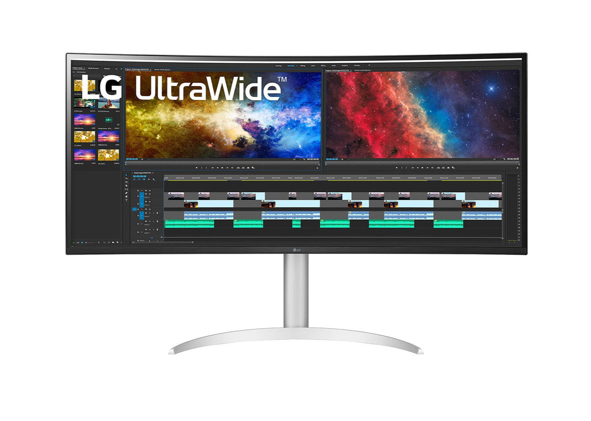 LG 38" Ívelt UltraWide 2K WQHD+ FreeSync HDR IPS Monitor előlnézet videó vágás univerzum, 38WP85C-W
